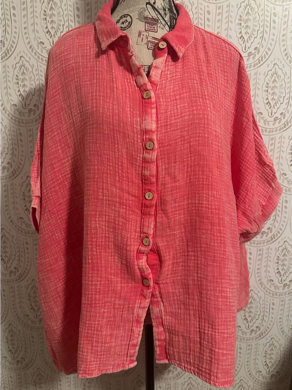 Zenana Outfitters Coral-Pink Button Front Gauze Shirt